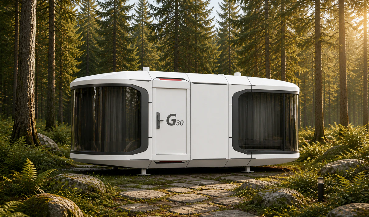 G30 capsule house exterior in a sunlit forest resort setting