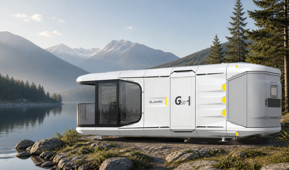 G50 capsule house exterior at a mountain lake resort