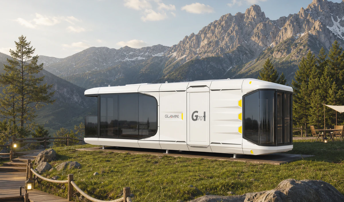 G70 capsule house exterior at a luxury mountain glamping site