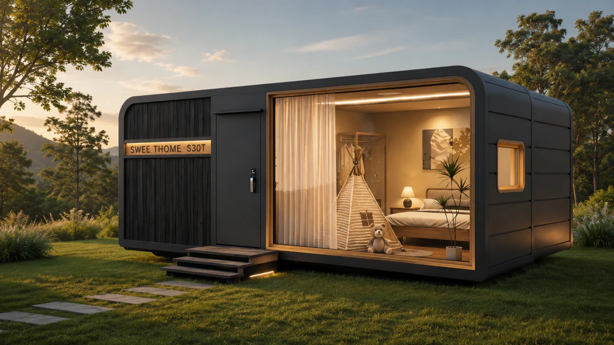 S30T capsule house exterior at sunset