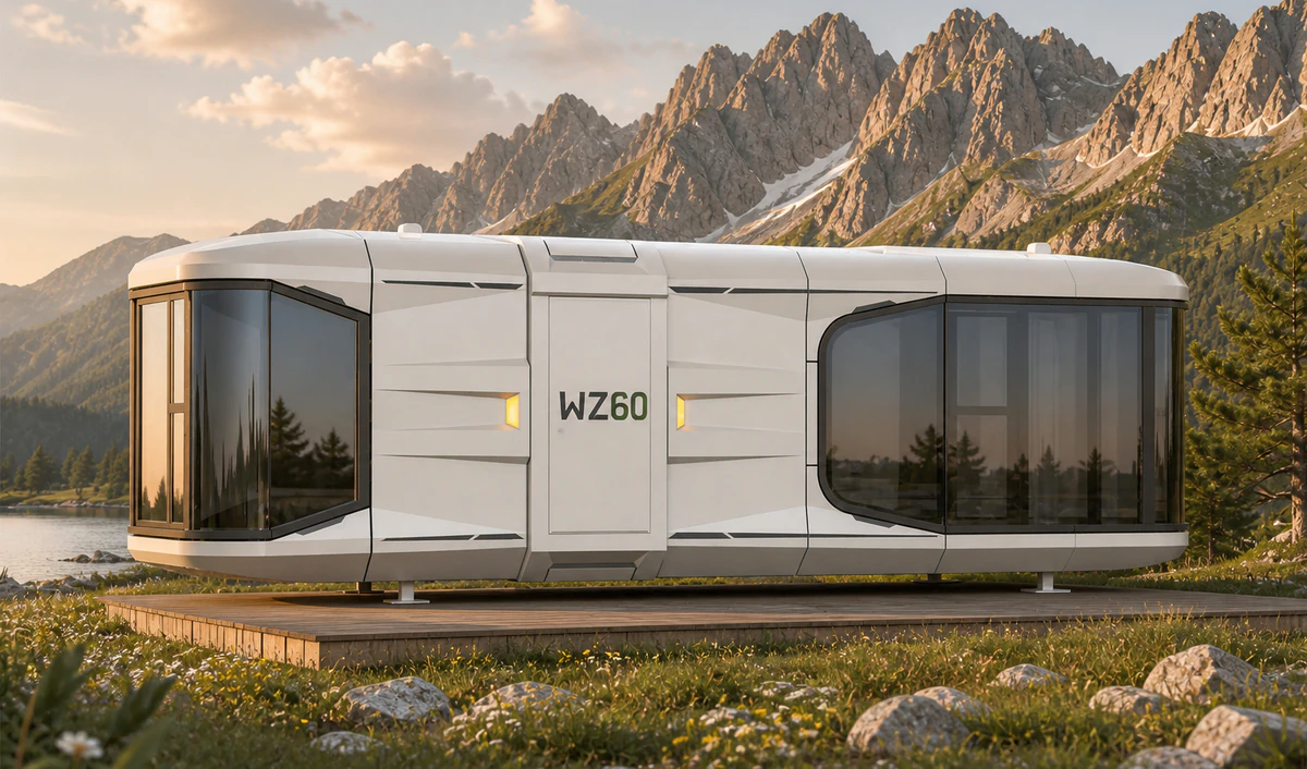 WZ60 capsule house exterior in an alpine meadow setting