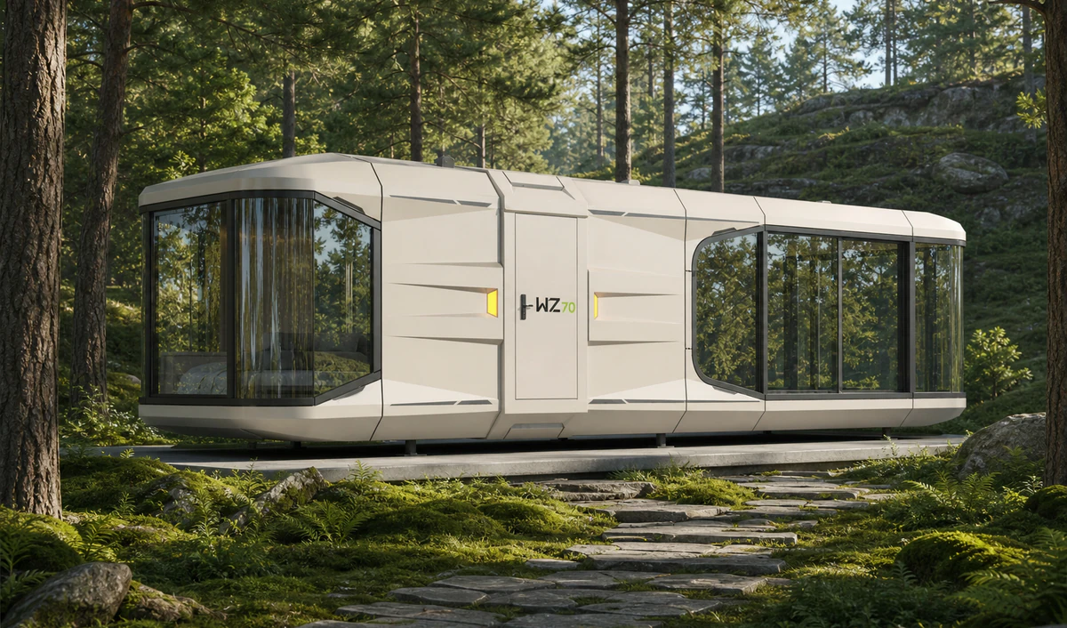WZ70 capsule house exterior in a pine woodland resort setting