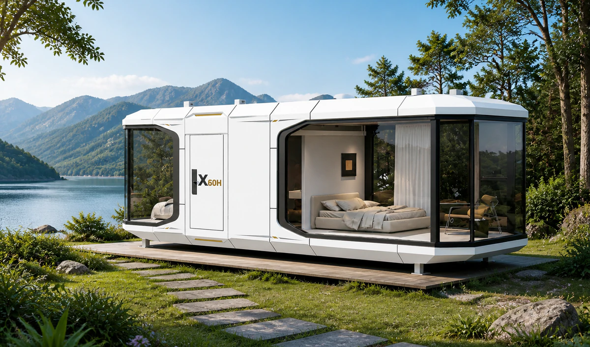 X60H capsule house exterior at a lakeside mountain resort