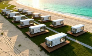 Space capsule house resort units arranged along a beachfront site